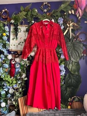 Red Fringe Midi Dress - Vintage 80s Women's Dress